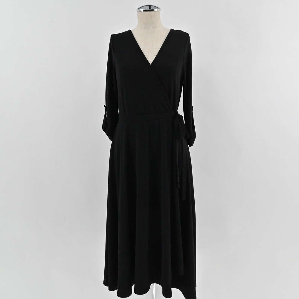 ModCloth Wrap Midi Dress Womens Size M Black V-Neck Minimalist Casual Classic